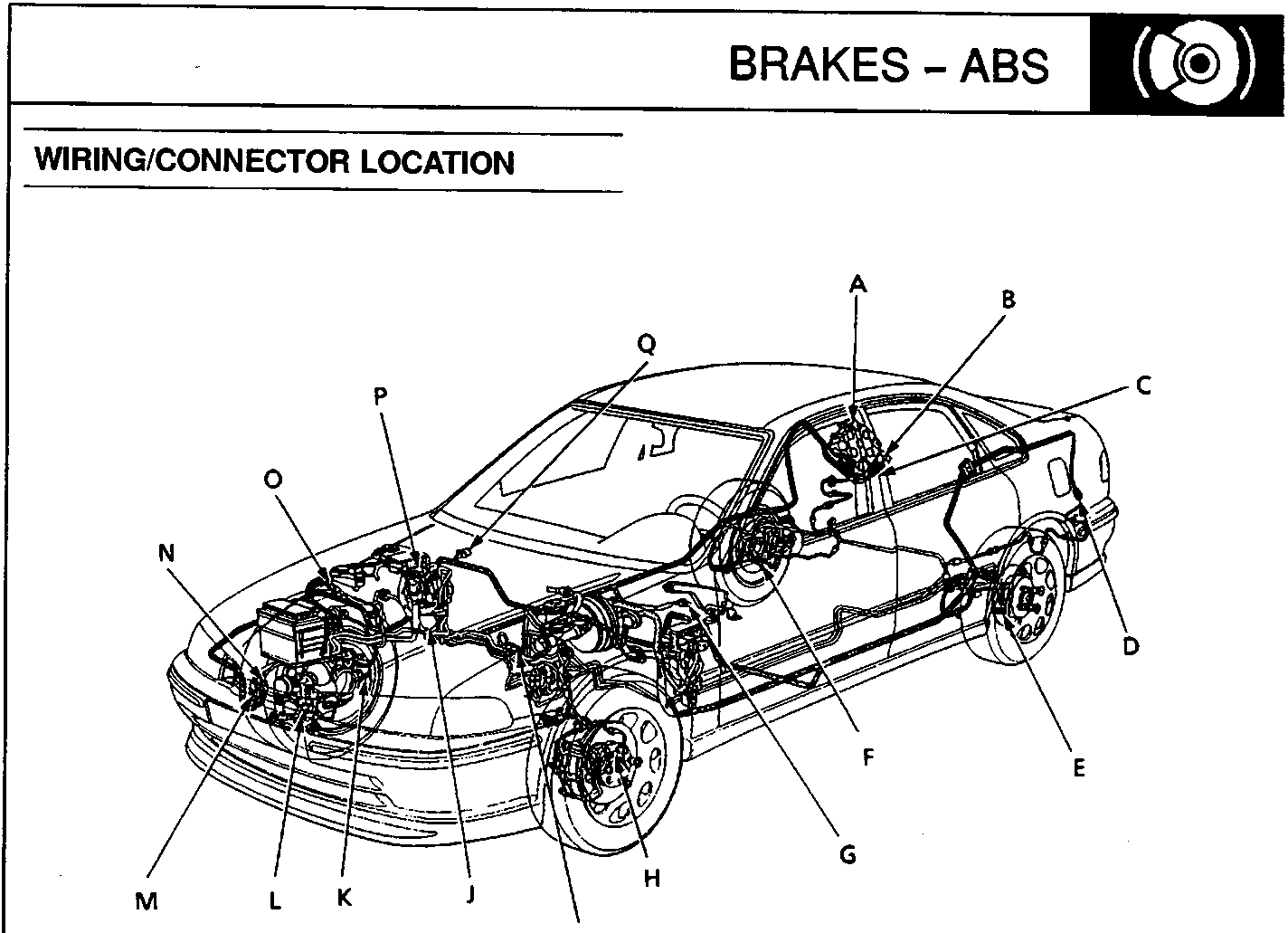 Diagram of car chassis showing wiring and connector locations labeled A through Q.