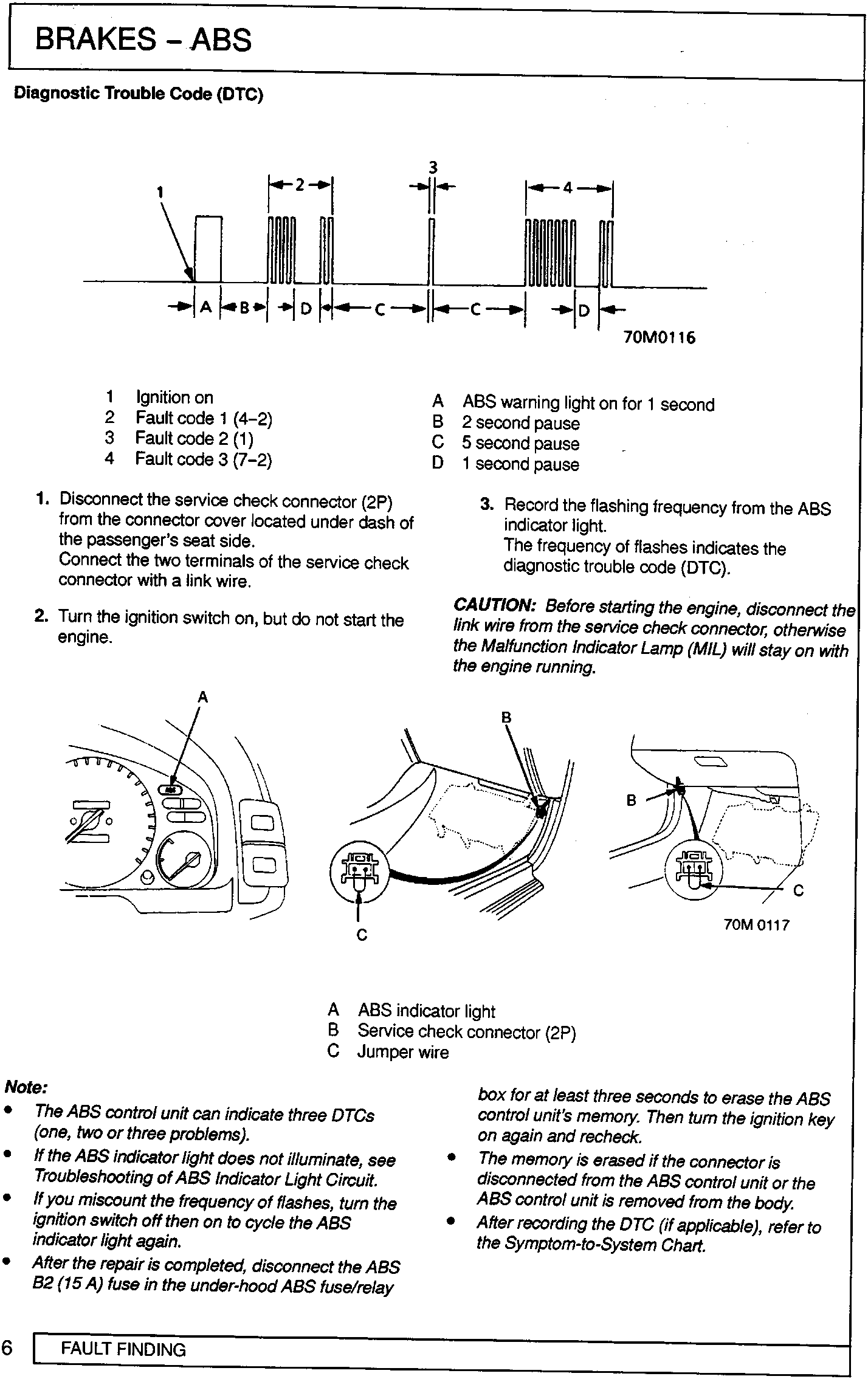 Diagram of Diagnostic Trouble Code signal pattern showing segments A, B, C, D and numbered pulses 1 through 4.