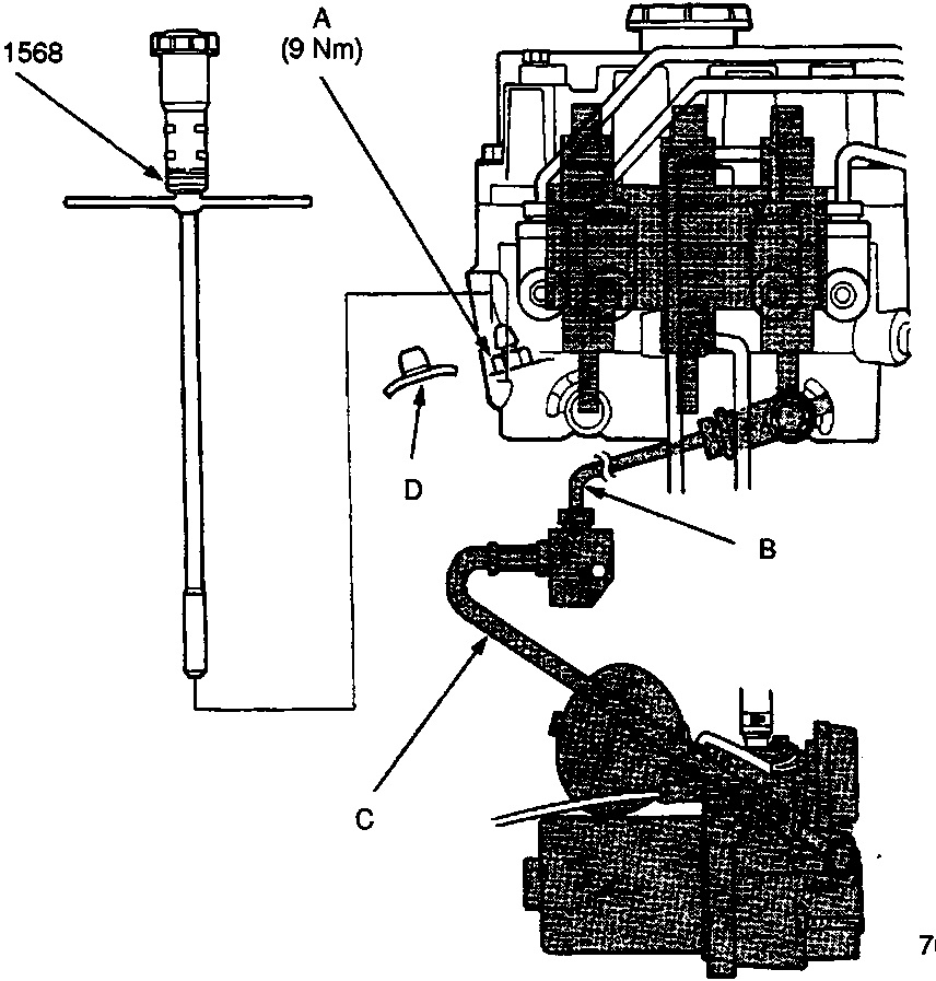 Diagram showing maintenance bleeder tool, high-pressure pipe, high-pressure hose, and red cap on a modulator assembly. Labels include 18G 1568, A (9 Nm), B, C, D. Figure number 70M 0169.