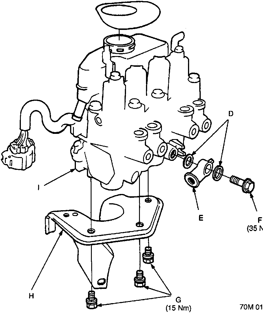 Exploded view diagram of the ABS modulator unit showing the reservoir cap, seal, strainer, inlet joint, sealing washers, banjo bolt, mounting bolts, bracket and modulator unit assembly with torque specifications.