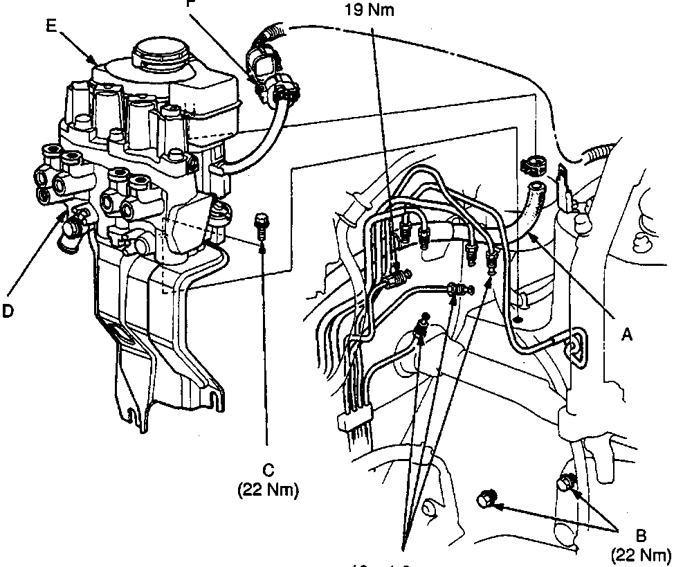 Diagram of the modulator-to-ABS pump assembly showing brake hose, mounting bolts, upper mounting bolt, modulator unit, reservoir, and solenoid connector with torque specifications.