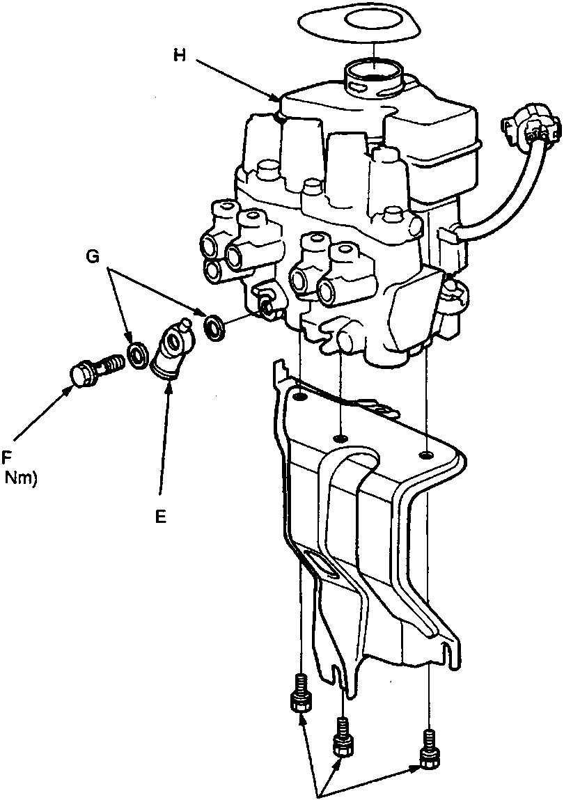 Exploded view of the modulator unit showing the inlet joint, banjo bolt, sealing washers, mounting bolts and bracket