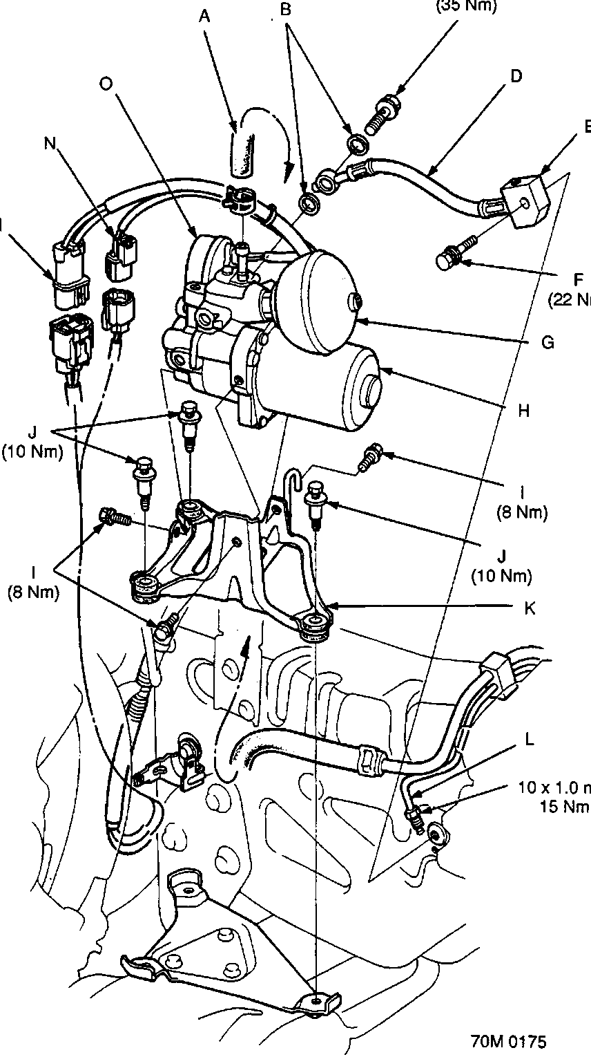 Diagram of the ABS pump assembly showing various components labeled A through O with torque specifications for specific bolts and fittings.