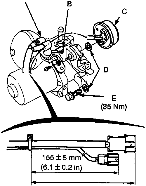 Diagram of pump assembly showing motor terminal cover, motor terminal, pressure switch, sealing washers, and banjo bolt with dimensional callouts.