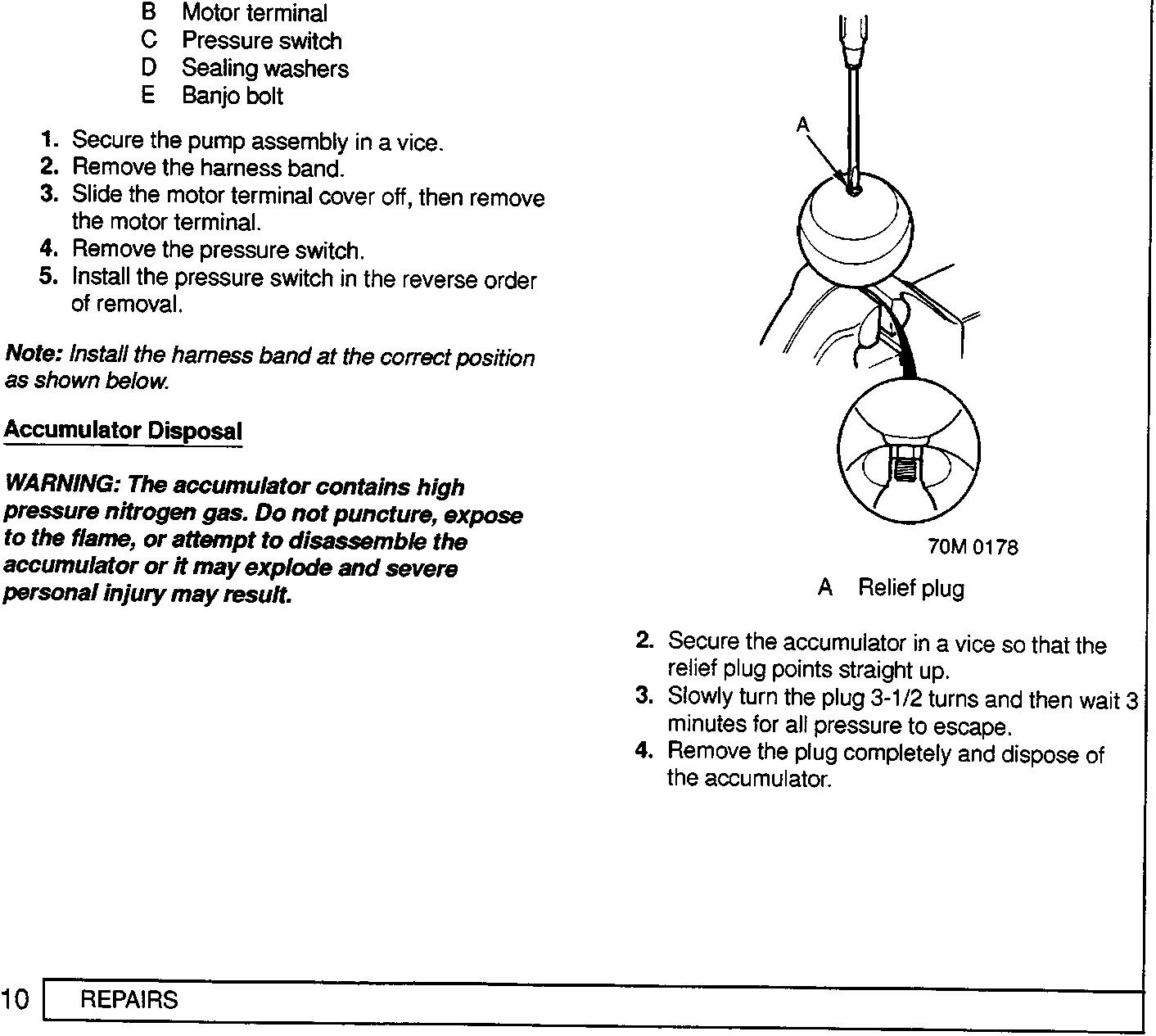Diagram showing relief plug on accumulator being turned with a tool.