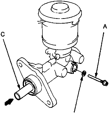 Master cylinder showing stop bolt, sealing washer, and secondary piston being removed