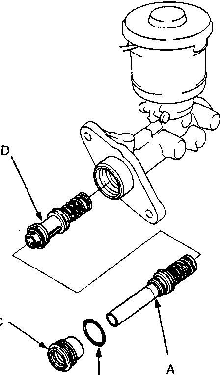 Master cylinder showing primary piston assembly, secondary piston assembly, O-ring, and piston guide removed