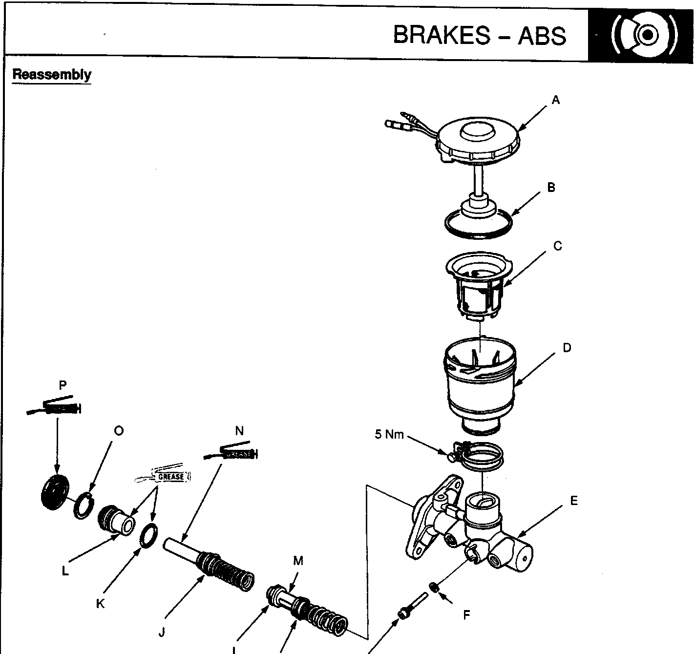 Exploded view diagram of a master cylinder assembly showing components labeled A through P, including reservoir cap, strainer, reservoir, master cylinder, pistons, seals, and bolts. Torque values 5 Nm and 9 Nm are indicated on specific fasteners.