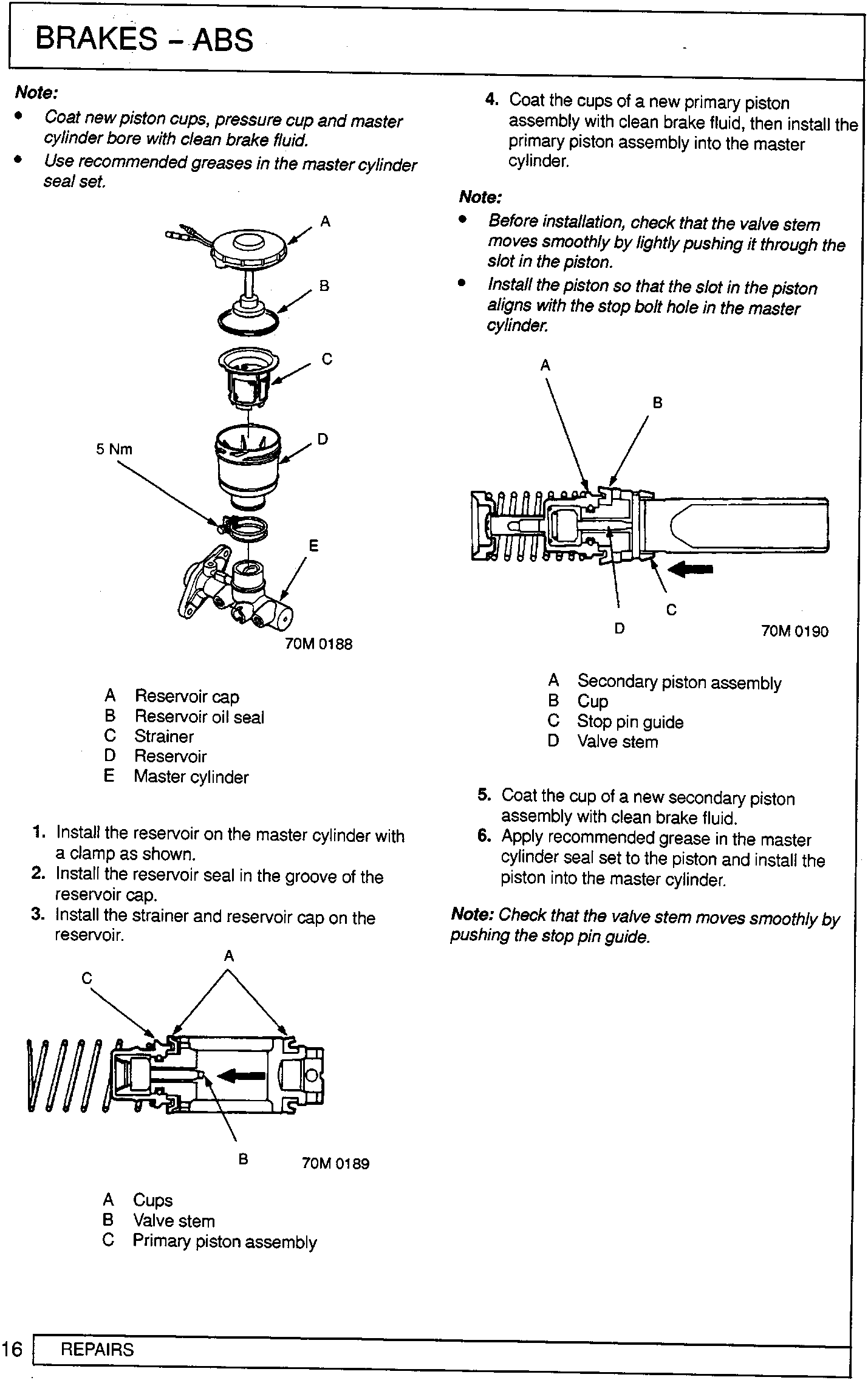 Exploded view of master cylinder reservoir components labeled A through E
