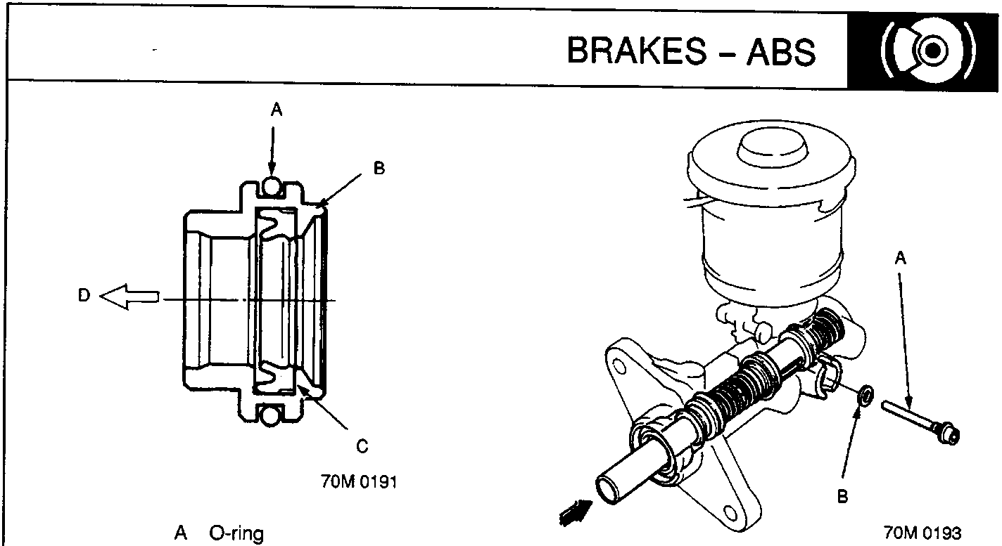 Diagram of master cylinder seal components and stop bolt assembly with callout labels A, B, C, D
