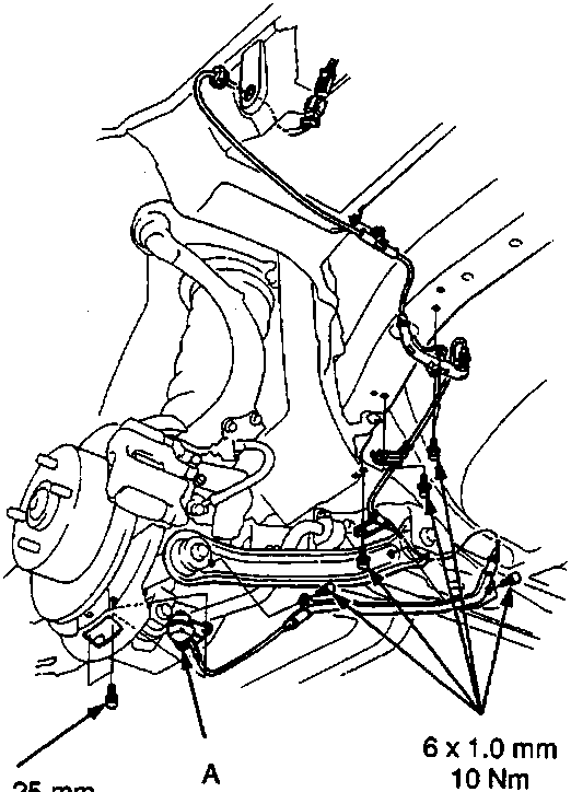 Diagram of rear wheel sensor assembly showing mounting bolts with torque specifications 6 x 1.0 mm 10 Nm and 8 x 1.25 mm 22 Nm, labeled A Rear wheel sensor.