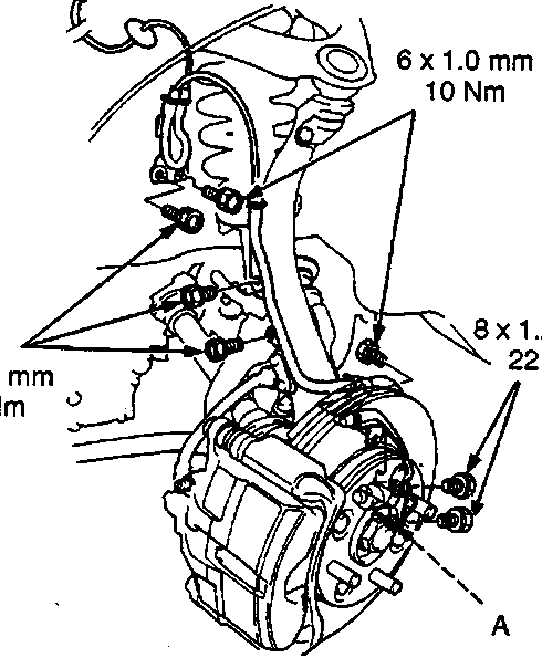 Diagram of front wheel sensor assembly showing mounting bolts with torque specifications 6 x 1.0 mm 10 Nm and 8 x 1.25 mm 22 Nm, labeled A Front wheel sensor.