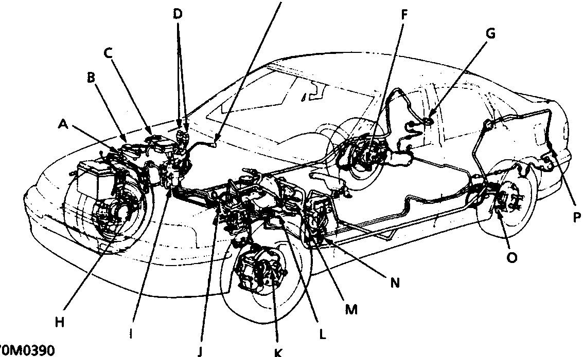 Diagram of vehicle chassis showing locations of ABS components labeled A through P, with figure number 70M0390 at bottom left