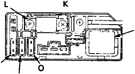 Diagram of the under-bonnet ABS fuse/relay box with callout letters K through P.