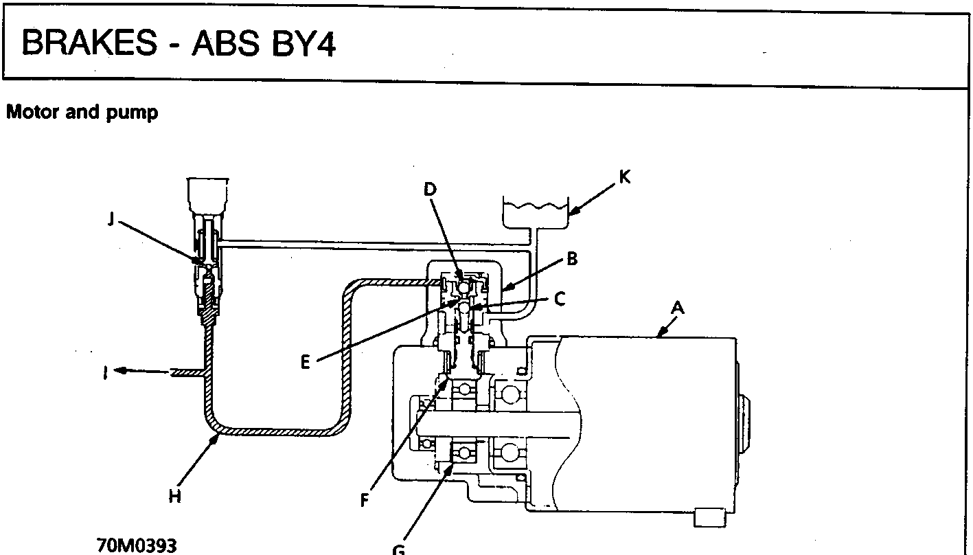 Diagram of motor and pump assembly with callout labels A through K
