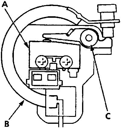 Diagram of the pressure switch assembly showing the micro-switch, Bourdon tube, and sensing lever, labeled A through C.