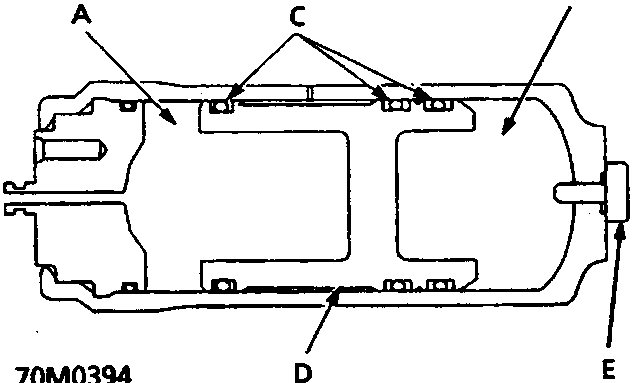 Cross-section diagram of the accumulator showing internal chambers and piston, labeled A through E.
