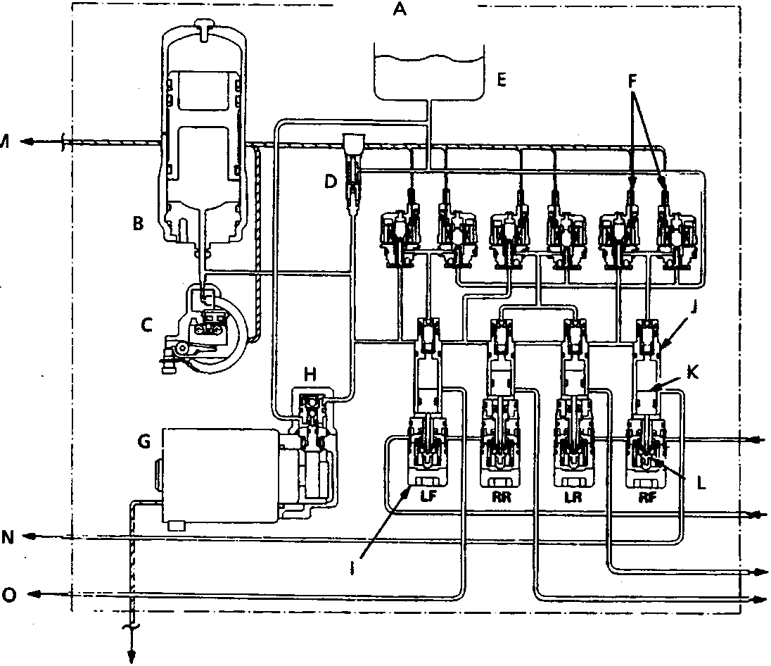 Schematic diagram of the ABS BY4 modulator unit showing internal components and fluid passages labeled A through U.