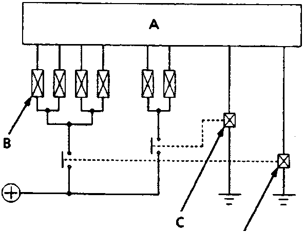 Schematic diagram of the ABS fail-safe circuit showing the control unit, solenoid valves, and relays