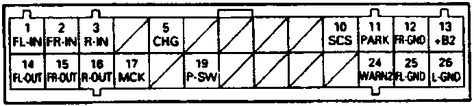 Diagram of the 26P connector showing terminal numbers and abbreviations (e.g., FL-IN, FR-IN, R-IN, CHG, PARK, SCS, +B2, FL-OUT, FR-OUT, R-OUT, MCK, P-SW, WARN2, L-GND).