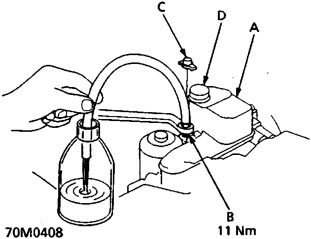 Diagram showing the modulator unit, bleed screw, bleed screw cap, and reservoir filler cap with a tube connected to collect fluid. Labels A, B, C, D point to respective parts. Figure number 70M0408 and torque value 11 Nm are printed below.