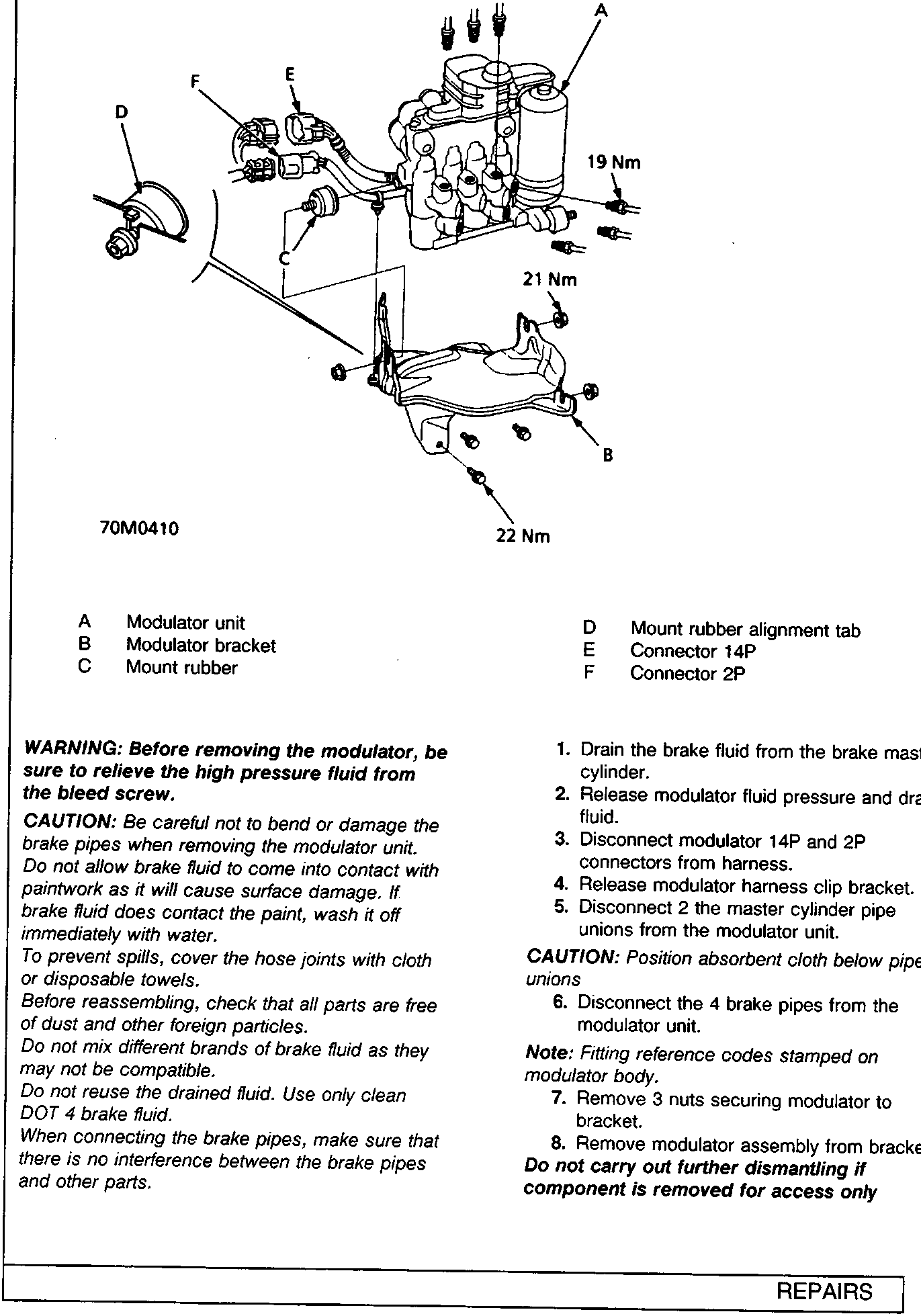 Diagram of modulator unit assembly showing components A through F with torque values 19 Nm, 21 Nm, and 22 Nm indicated at specific fasteners. Figure number 70M0410 is printed below the diagram.