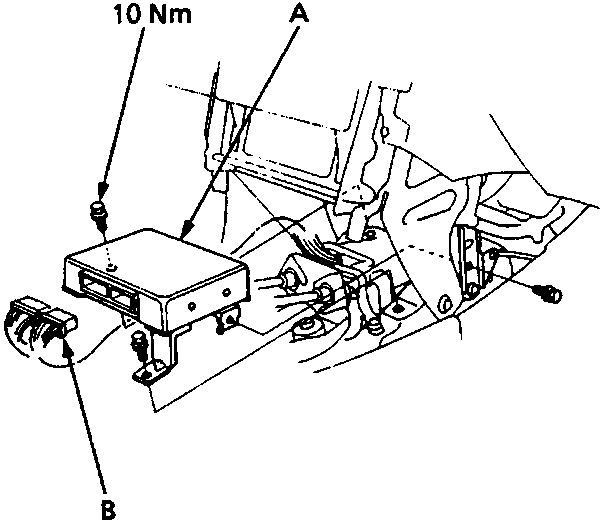 Diagram of the ABS control unit mounting location showing the unit, connectors, and a torque specification of 10 Nm