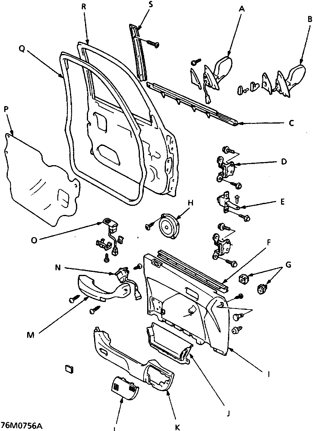 Exploded view diagram of the front door components showing parts labeled A through S, including mirrors, panel, hinges, and mouldings. Figure number 76M0756A is printed at the bottom left of the diagram.
