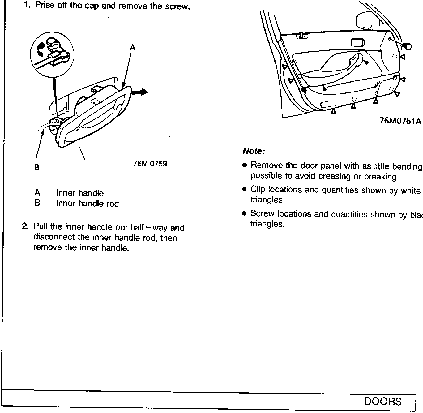 Step 1 diagram showing the inner door handle assembly with callout A (Inner handle) and B (Inner handle rod), figure number 76M 0759
