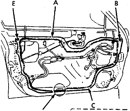 Diagram of the internal structure of a car door showing wiring harnesses, a plastic cover, grommets, and a power door lock unit with labels A through F.