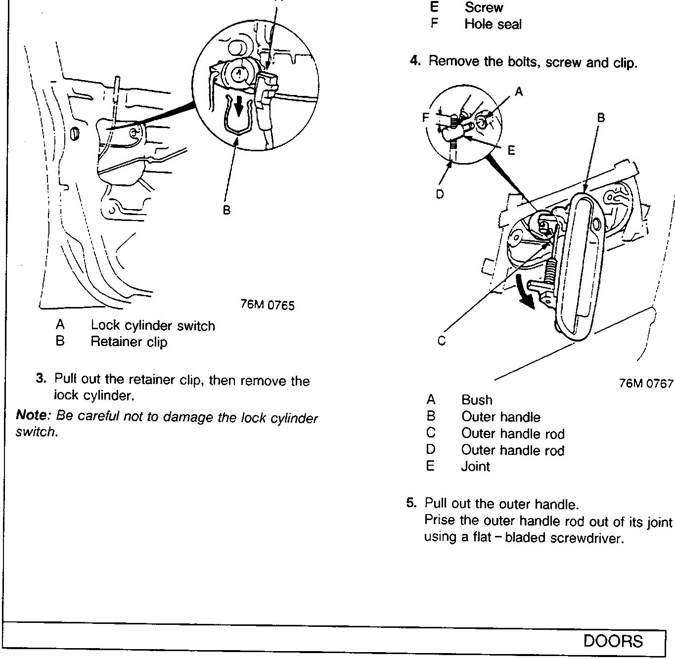 Diagram showing lock cylinder switch and retainer clip, reference 76M 0765