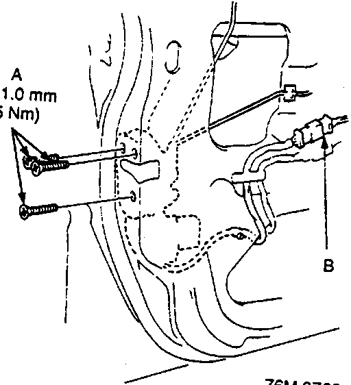 Diagram showing screws and connector at the upper part of the door mechanism, with screw size 6 x 1.0 mm (5 Nm).