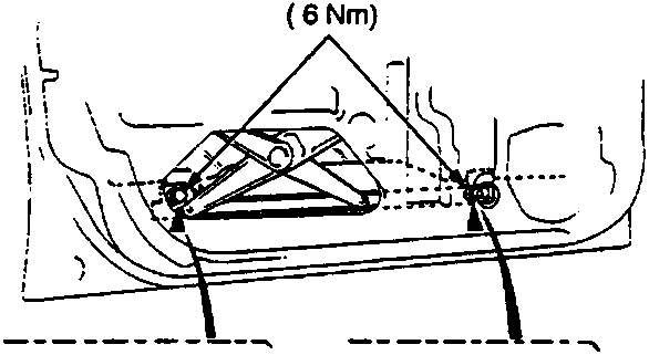 Diagram showing bolts and guide on a glass regulator assembly with dimension 6 x 1.0 mm (6 Nm)
