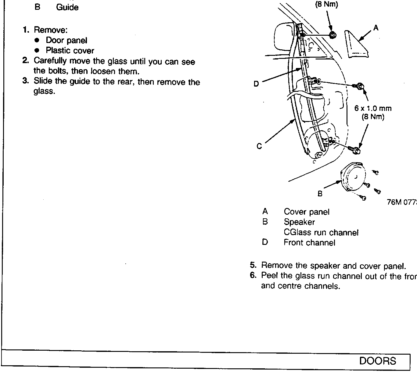 Diagram of front channel removal showing cover panel, speaker, glass run channel, and front channel with dimensions 6 x 1.0 mm (8 Nm)