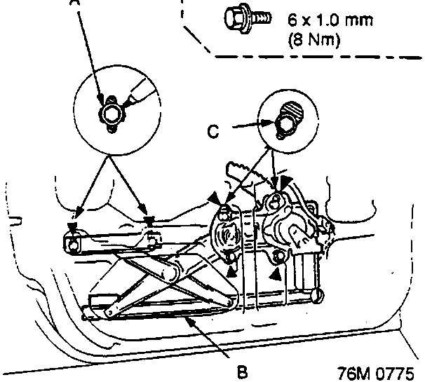 Diagram of regulator assembly showing roller guide bolts, regulator, upper bolts, and a 6 x 1.0 mm (8 Nm) bolt detail