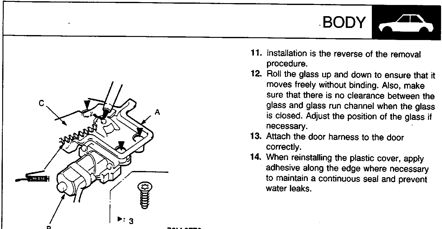Diagram of power window regulator assembly showing labels A, B, C and a screw, with figure number 76M 0776