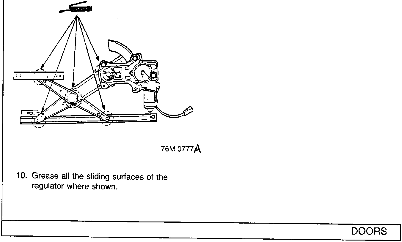 Diagram of power window regulator mechanism showing sliding surfaces, with figure number 76M 0777A