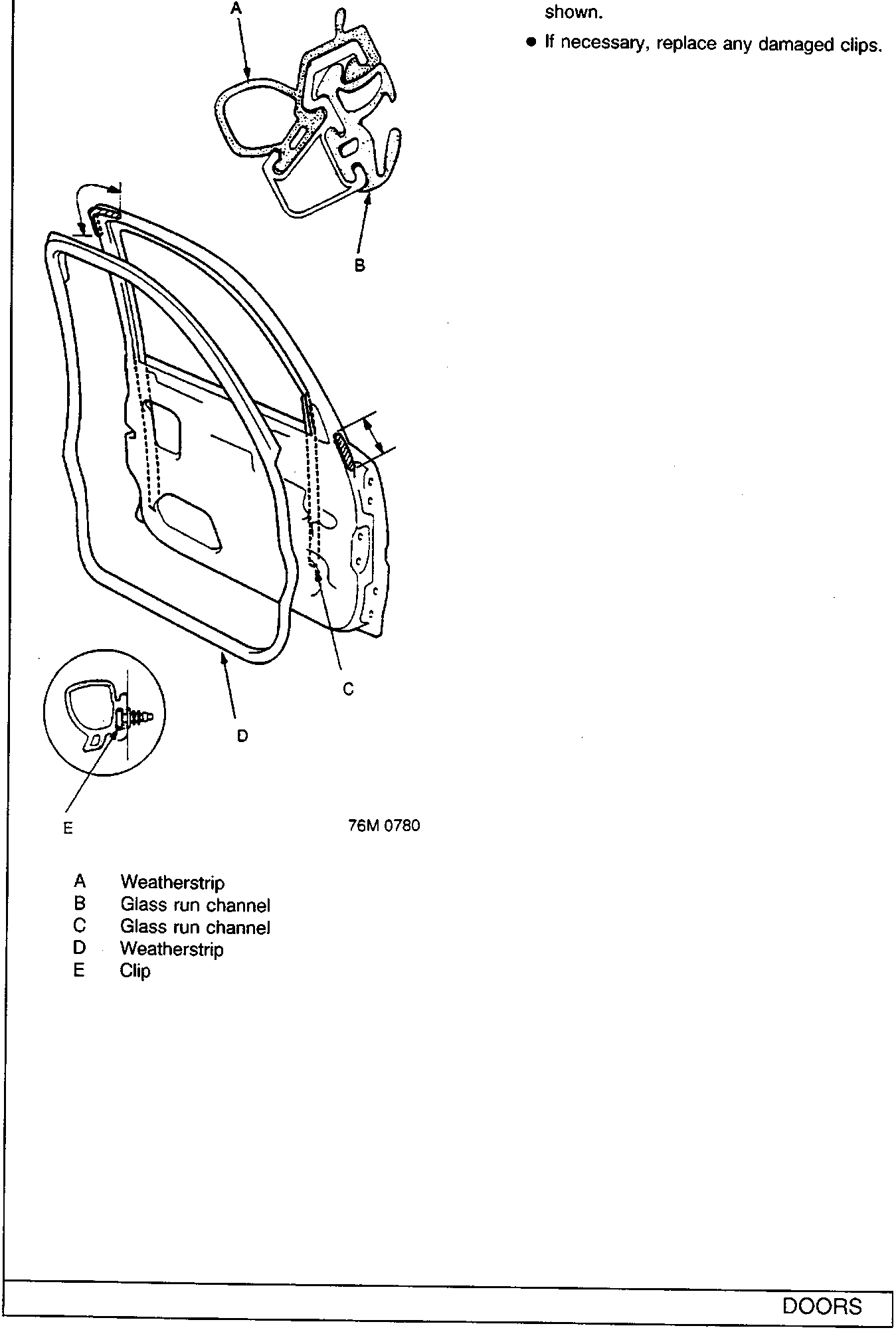Diagram of door weatherstrip and glass run channel assembly with callouts A, B, C, D, E. Figure number 76M 0780.