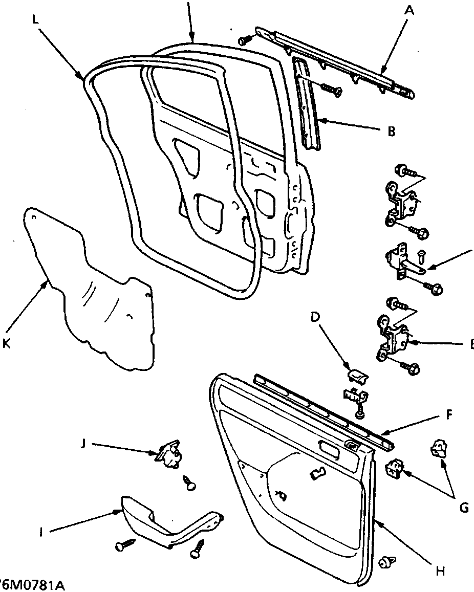 Exploded view diagram of the rear door showing components labeled A through M, including outer moulding, sash garnish, detent rod, lock knob trim, hinge, inner moulding, screw grommets, door panel, armrest, power window switch, plastic cover, weatherstrip, and door. Figure number 76M0781A is printed below the diagram.
