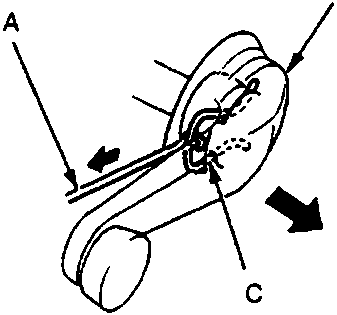 Diagram showing regulator handle assembly with labels A Wire hook, B Regulator handle, C Clip