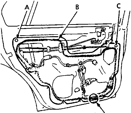 Internal view of the door structure showing grommets (A, C), adhesive (B), and a slot (D)