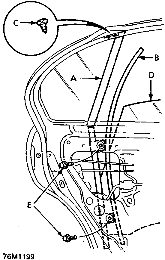 Diagram of rear window channel and glass run channel with callouts A (Rear channel), B (Glass run channel), C (Screws), D (Glass), and E (Bolts).