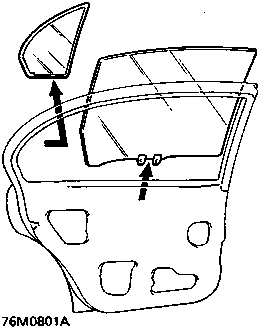 Diagram showing the removal of a window glass from a door panel, with arrows indicating upward and forward movement. Figure number 76M0801A.