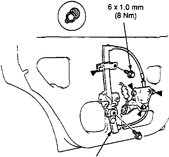 Diagram showing the internal components of the door, specifically the regulator assembly. Callouts indicate bolt locations and a connector. Label A points to the regulator. Figure number 76M 0803.