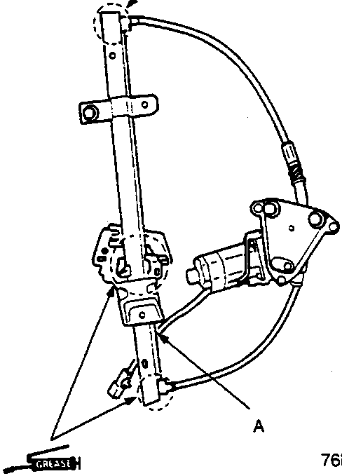 Diagram of window regulator assembly with callout A pointing to the regulator mechanism