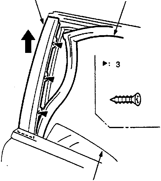 Diagram showing sash garnish (A), glass run channel (B), and glass (C) with a screw and reference number 3.
