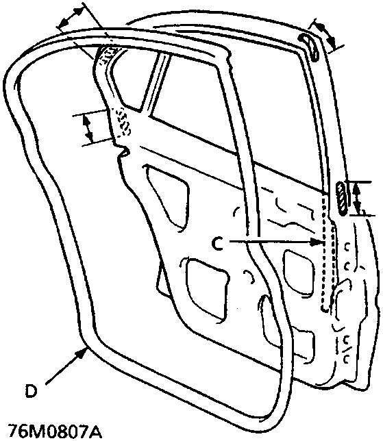 Diagram showing weatherstrip (A), glass run channel (C), weatherstrip (D), and their installation positions on a door frame.