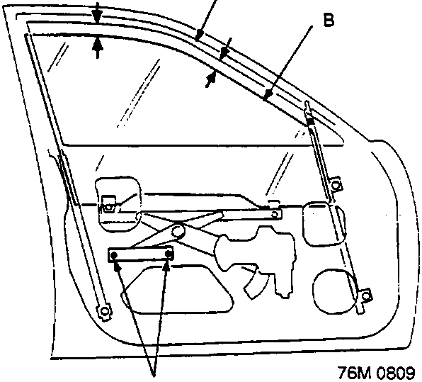 Diagram of front door regulator mechanism showing glass run channel, glass, and roller guide bolts with callouts A, B, and C
