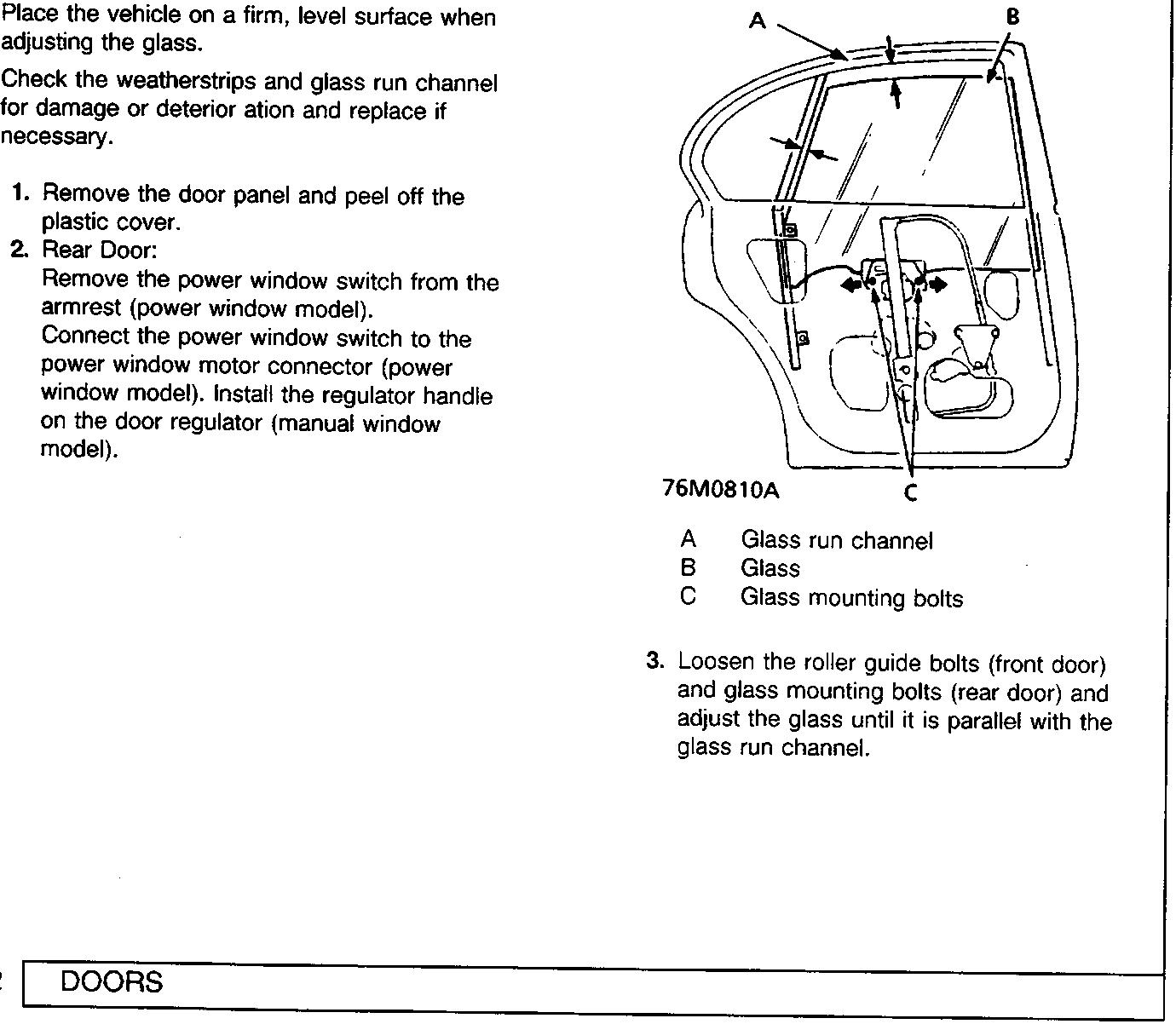 Diagram of rear door regulator mechanism showing glass run channel, glass, and glass mounting bolts with callouts A, B, and C