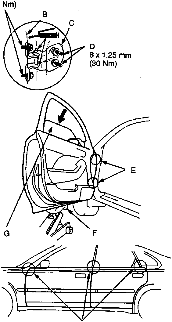 Diagram of door hinge and mounting bolt locations with callout labels A through H